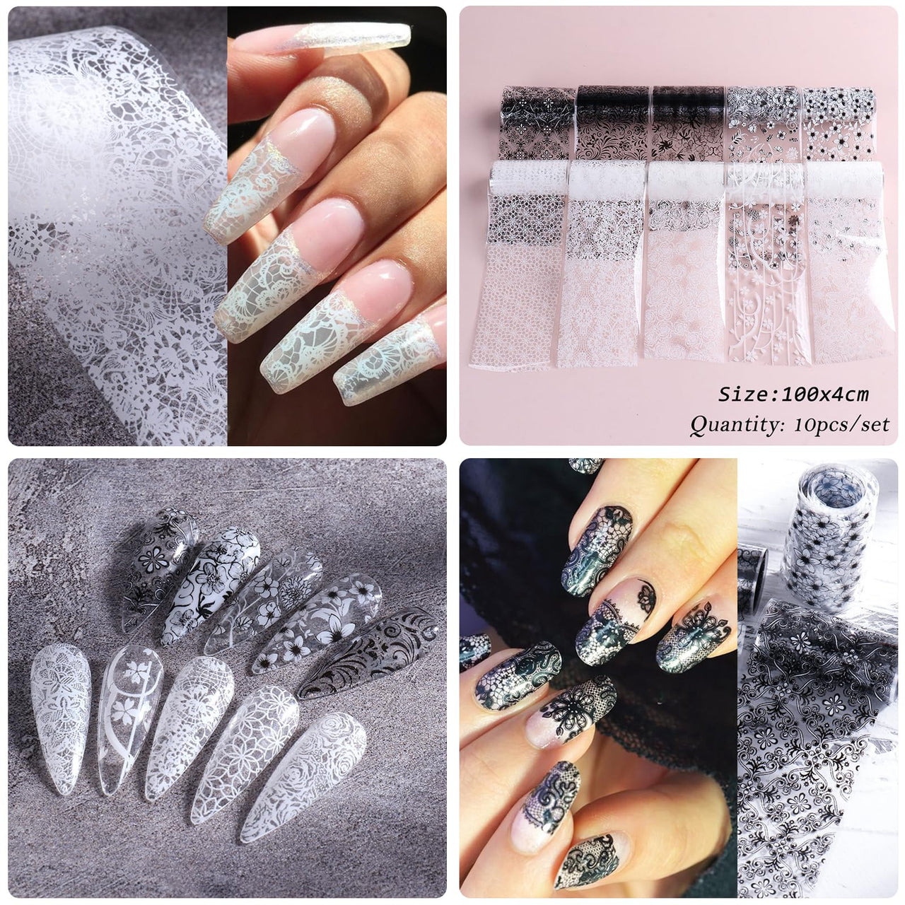 XEAOHESY 10 Rolls Lace Nail Art Foil Transfer Sticker Kit Black White Flower Foil Transfers Decals Nail Art Sticker Lace Flowers Nail Transfer Nail Nail Wraps Sheets Foil Nail Nail Wraps