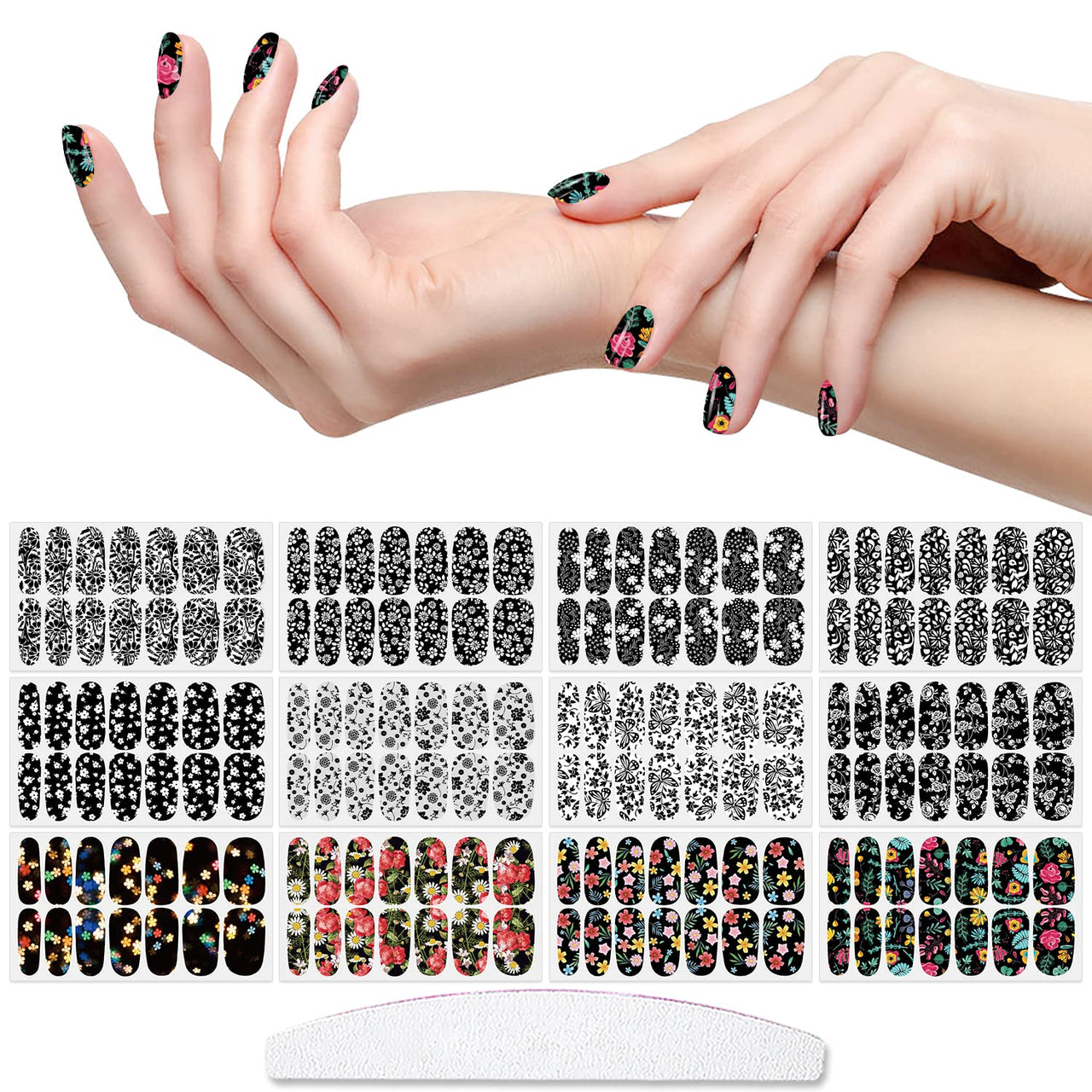 XEAOHESY 168 Pieces 12 Sheets Black White Flower Nail Nail Wraps for Short Nails with Nail File Flower Nail Polish Strips Self-Adhesive Gel Nail Strips Nail Nail Nail Wraps Full Nail Nail Wraps for Nail Art