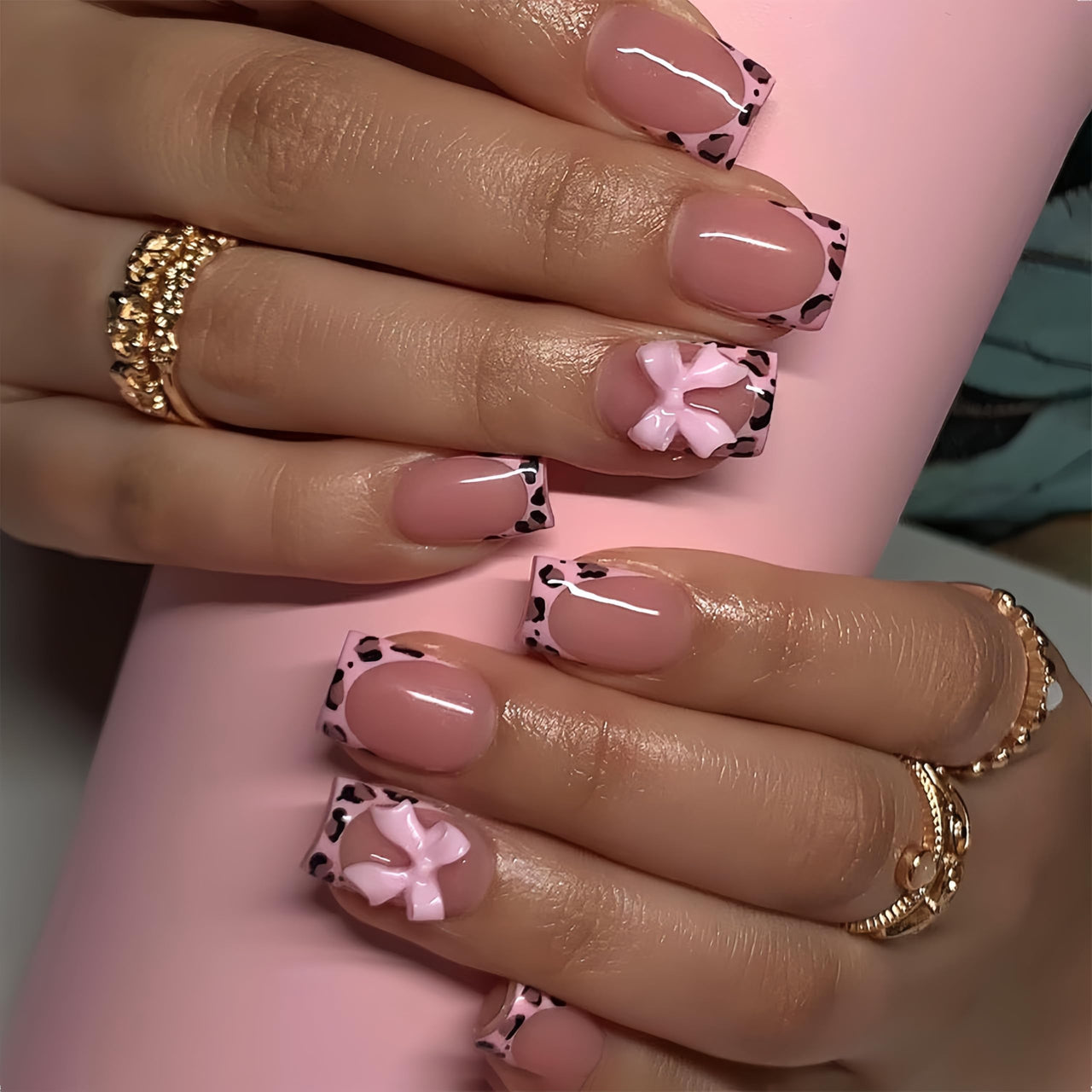 Leopard Print French Tip Press on Nails Square Fake Nails 3D Resin Bow Charm Designs False Nails Glossy Nude Pink Full Cover Acrylic Stick on Nails for Women Girls DIY Manicure Decoration 24Pcs