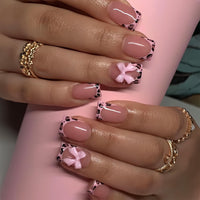 Thumbnail for Leopard Print French Tip Press on Nails Square Fake Nails 3D Resin Bow Charm Designs False Nails Glossy Nude Pink Full Cover Acrylic Stick on Nails for Women Girls DIY Manicure Decoration 24Pcs