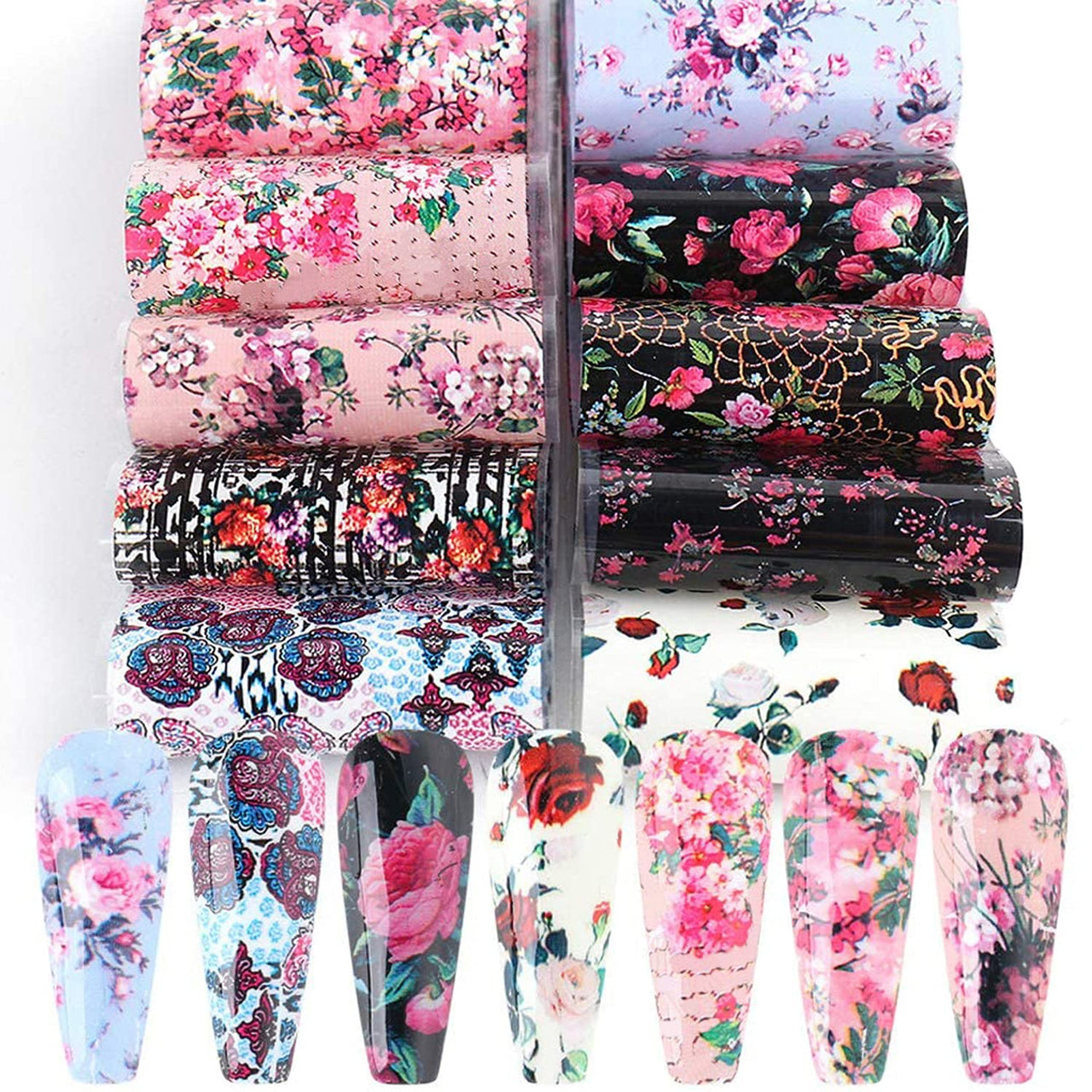 Retro Flower Nail Art Foil Transfer Nail Nail Wraps, Holographic Rose Flowers Starry Sky Design for Nails, 10pcs