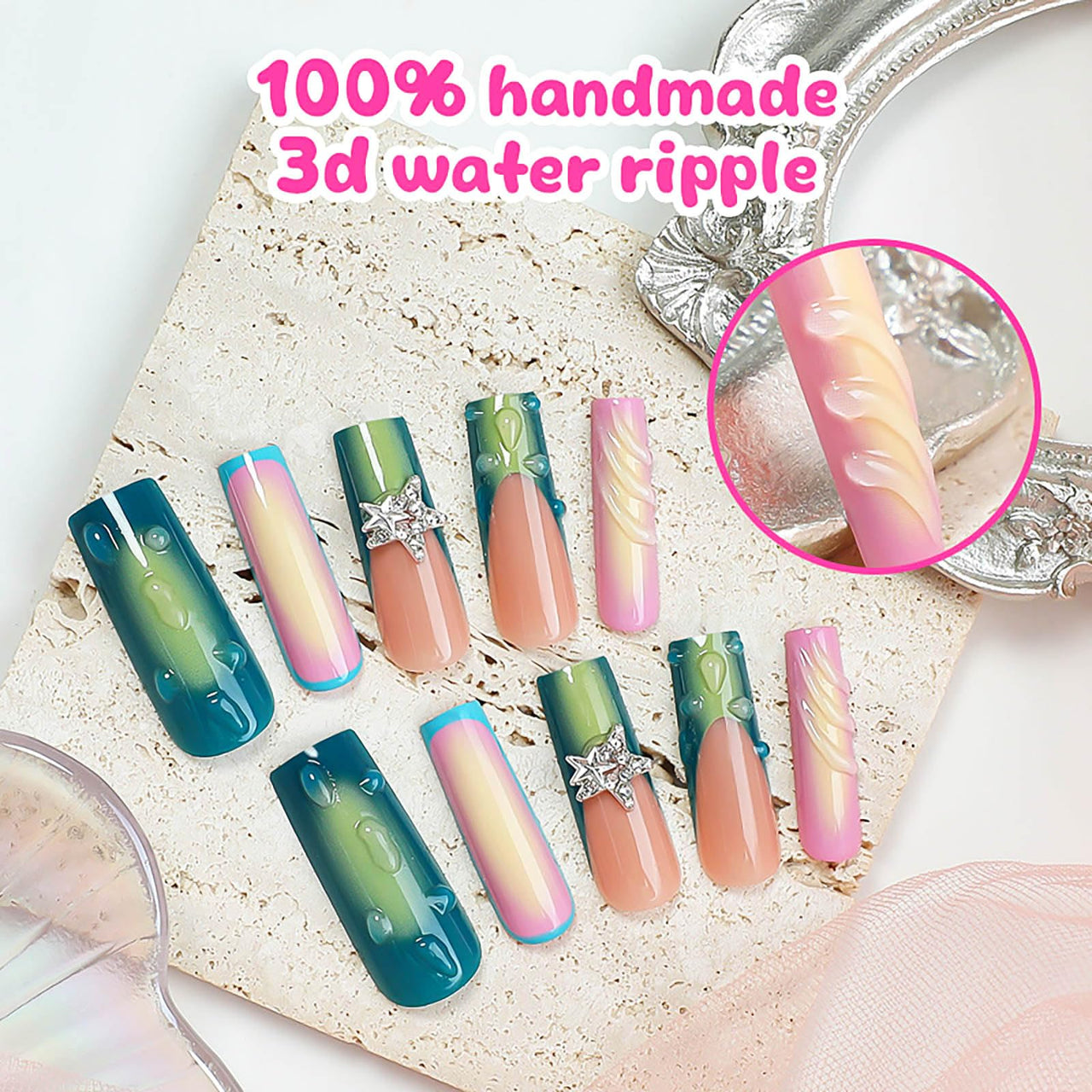 RUOKEXIN Long Square Press on Nails Green Ombre French Fake Nails Pink Ombre False Nails with 3D Star Designs Long Square Nail Press ons Sparkly Glue on Nails Cute Stick on Nails for Women 24Pcs