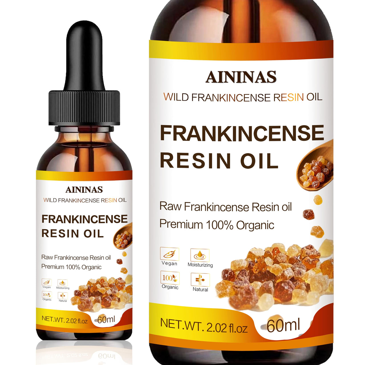 Two bottles of AININAS Frankincense Resin Oil with dropper on a white background