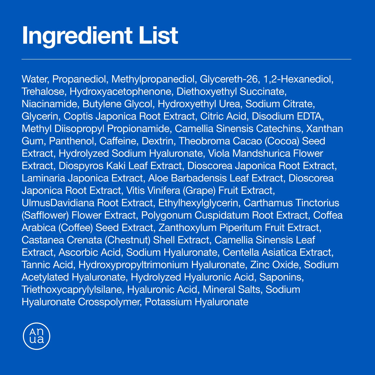 Ingredient list on a blue background with Anua logo