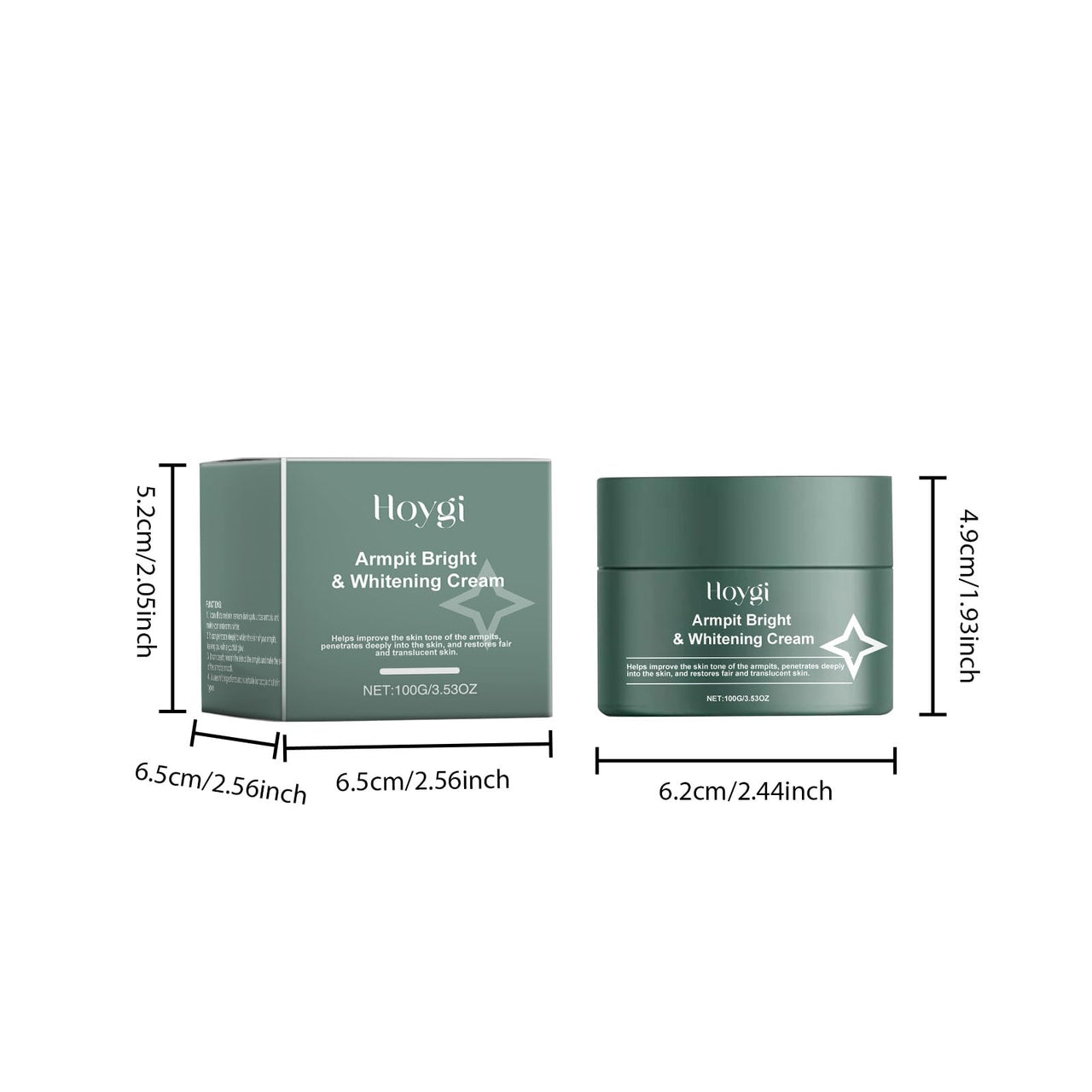 Hoygi Armpit Bright & Whitening Cream packaging with dimensions on a white background