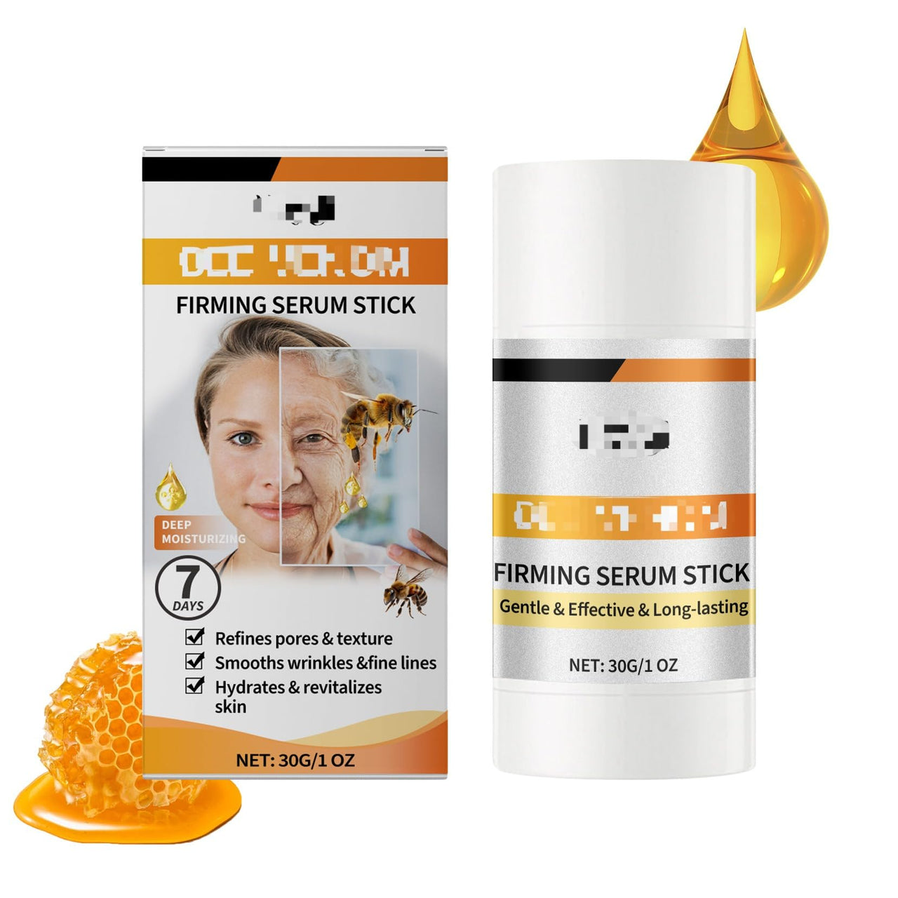 Firming serum stick packaging with honeycomb and droplet on a white background