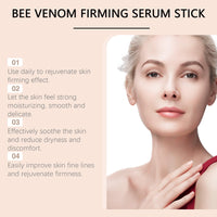 Thumbnail for Advertisement for a bee venom firming serum stick with a woman's face and text on a beige background