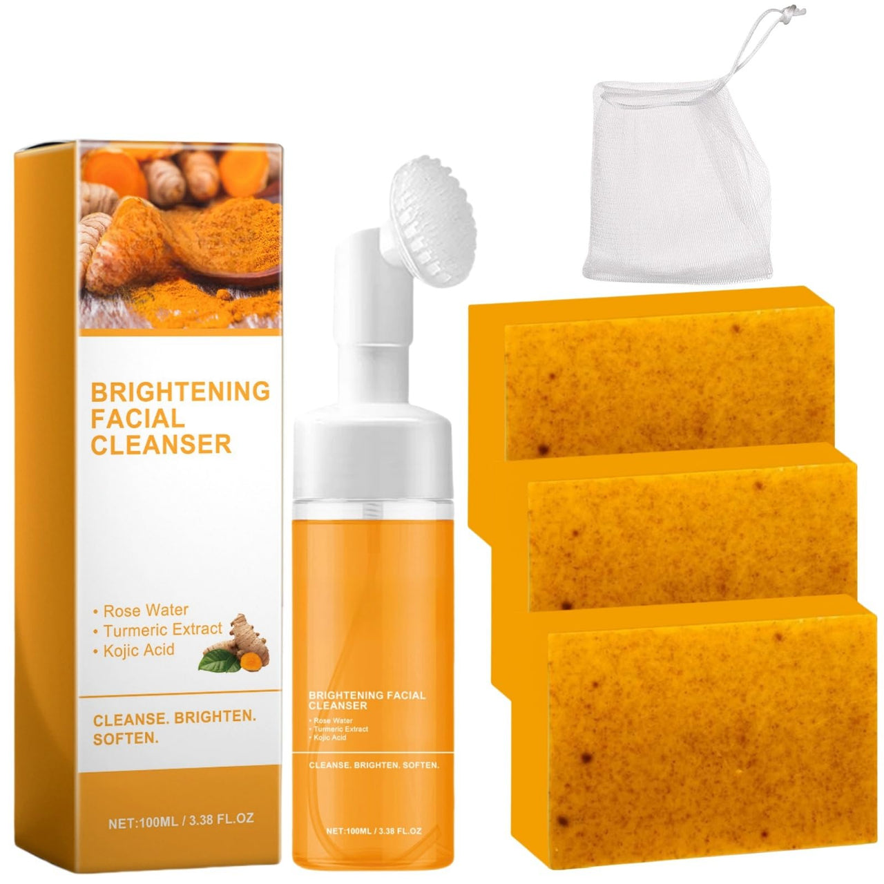 Brightening Facial Cleanser set with bottle, packaging, and sponges on a white background