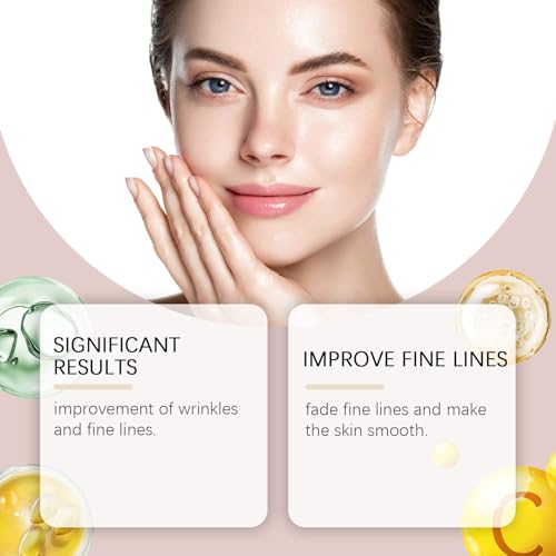 Woman with smooth skin, text indicating significant results and improvement of fine lines.