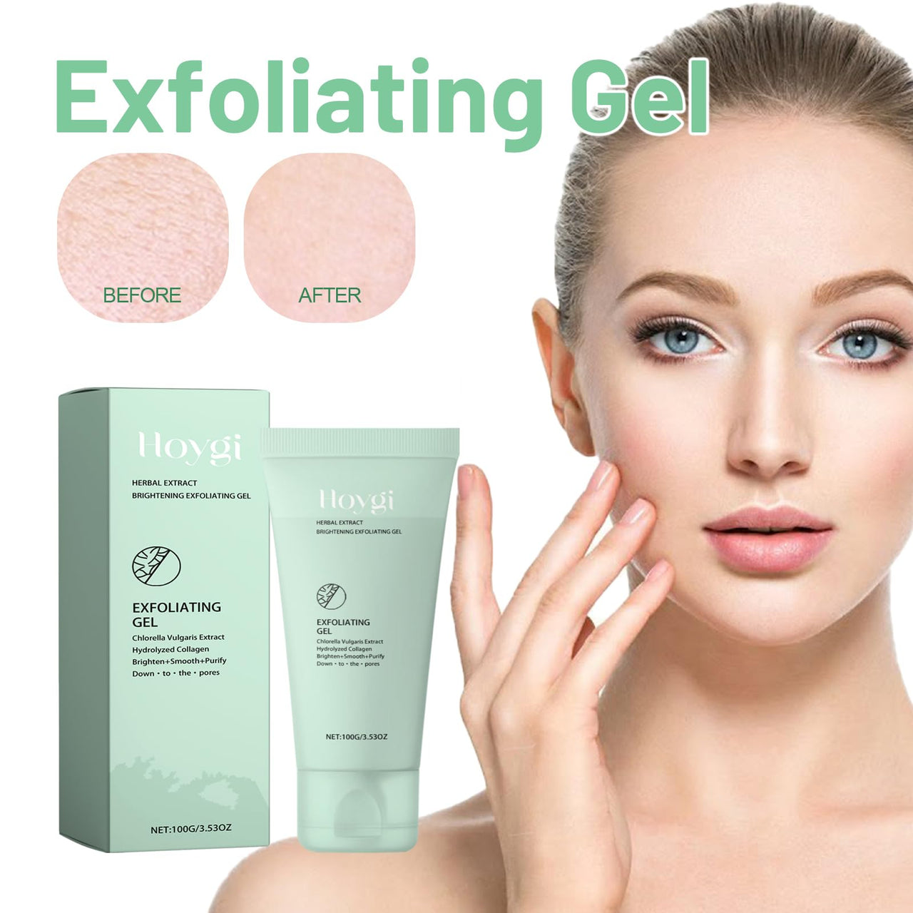 Exfoliating gel packaging with a woman showing before and after effects on skin.
