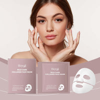 Thumbnail for Woman holding her face with Hoygi collagen face mask packaging and sheet in the foreground.