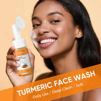 Thumbnail for Woman holding a bottle of turmeric face wash with a beige background