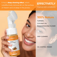 Thumbnail for FEMANI turmeric face wash bottle held by a person with product benefits on an orange background