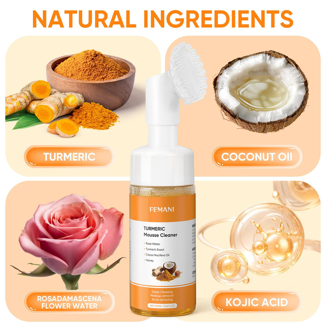 Femani Turmeric House Cleaner with natural ingredients like turmeric, coconut oil, rose damascena flower water, and kojic acid on a light background.