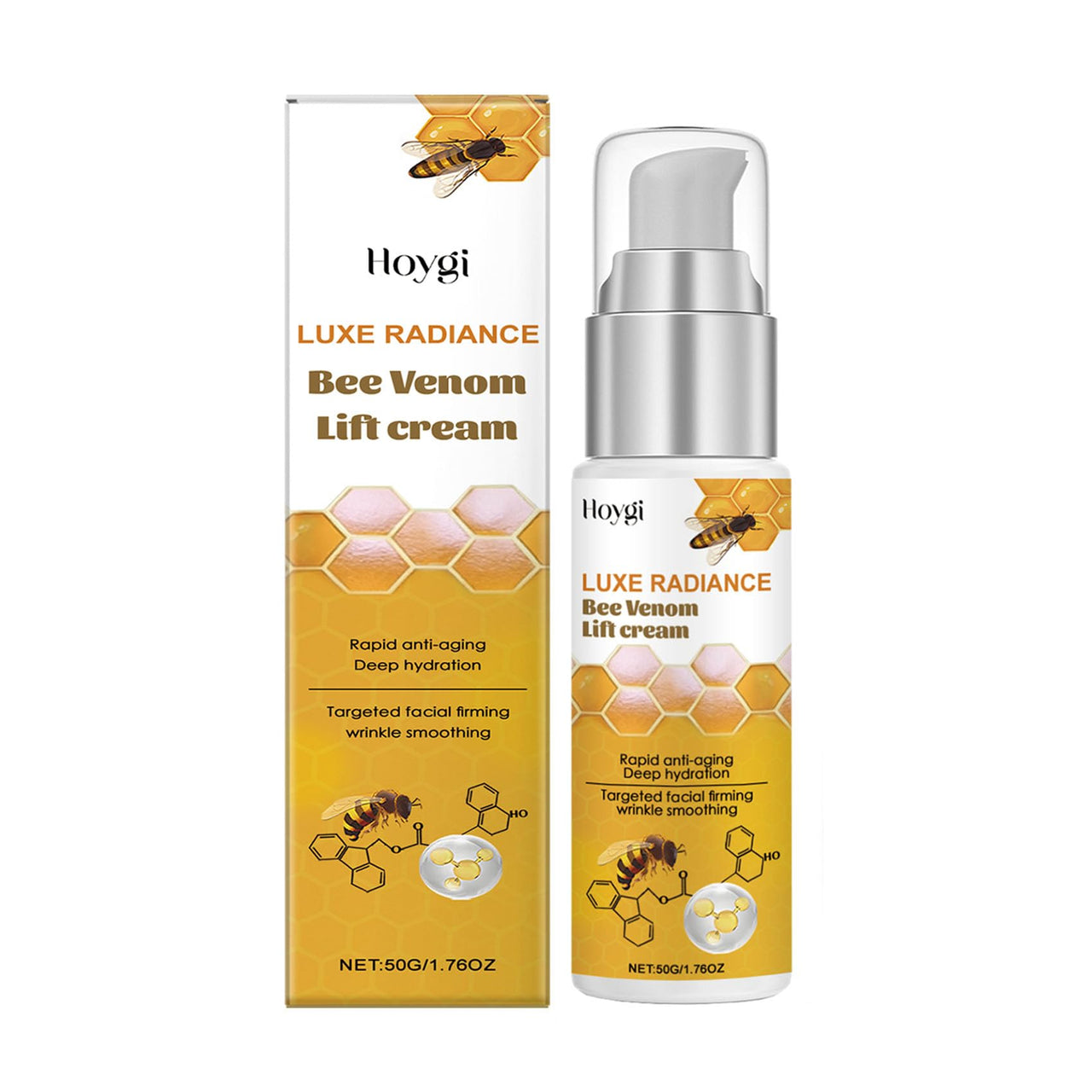 Hoygi Luxe Radiance Bee Venom Lift cream with packaging on a white background