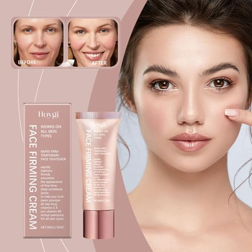 Hoygi Face Firming Cream packaging with a model applying cream to her face.