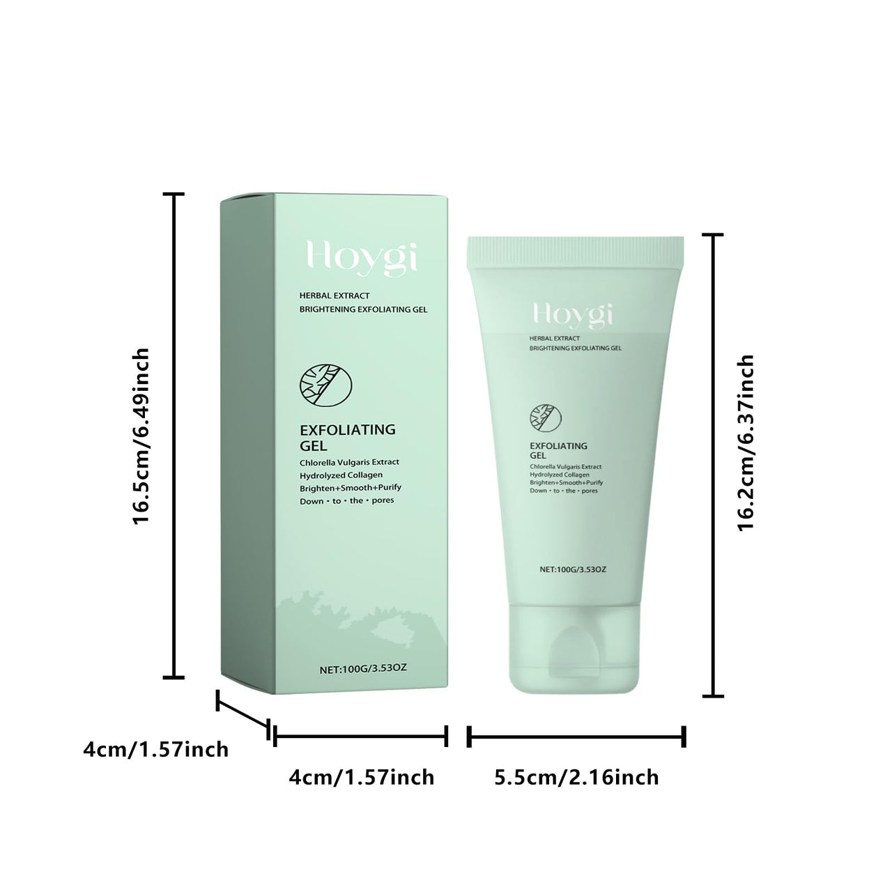 Hovgi exfoliating gel packaging with dimensions on a white background