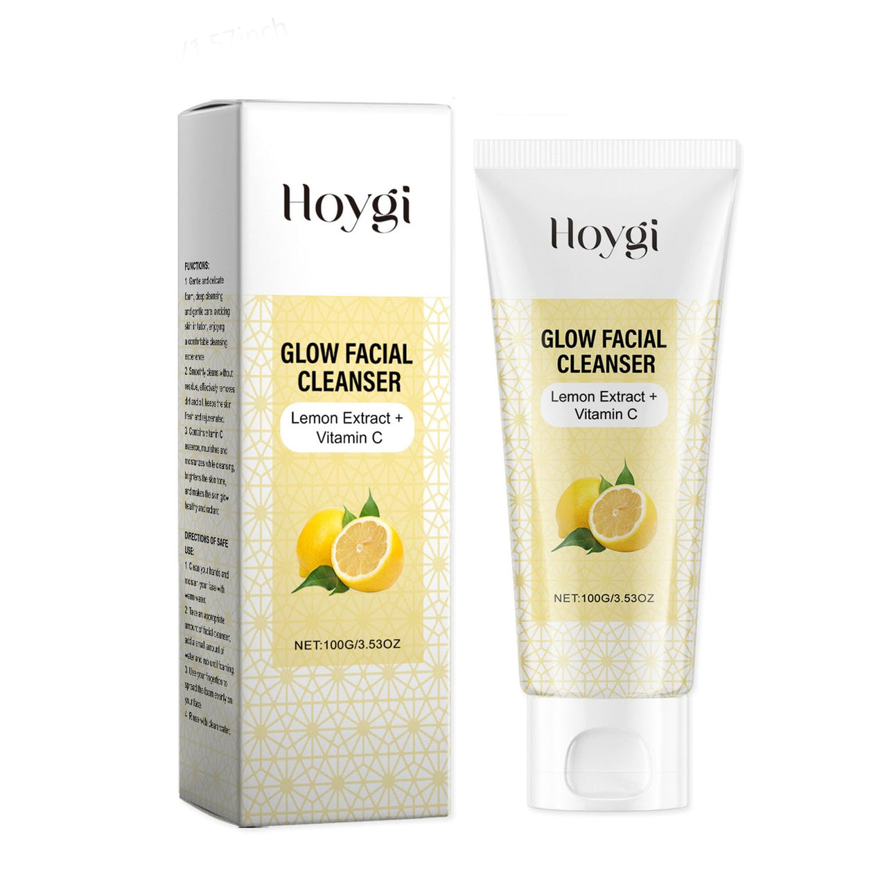 Hoygi Glow Facial Cleanser with Lemon Extract and Vitamin C packaging and tube on a white background