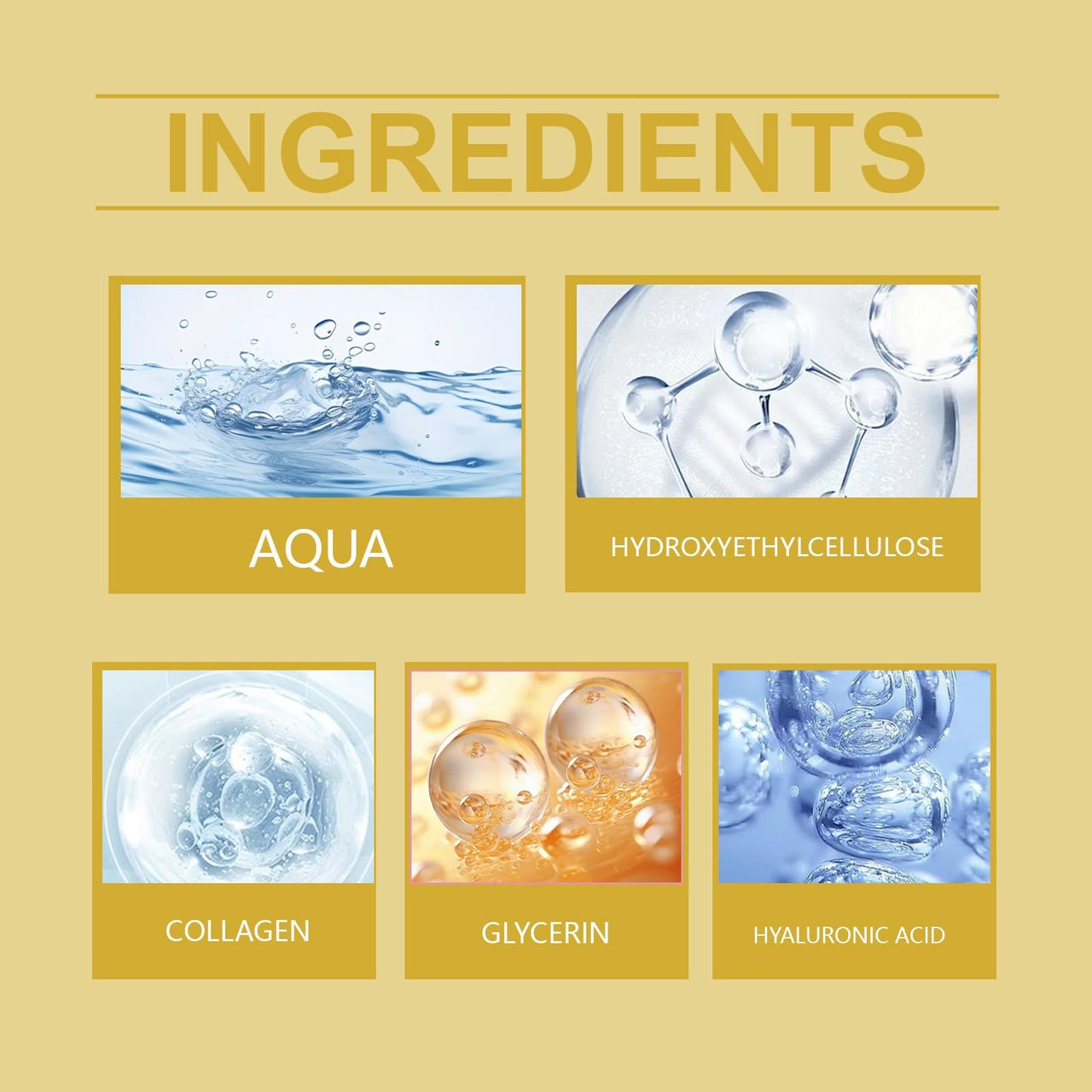 Ingredients list with images and names on a beige background