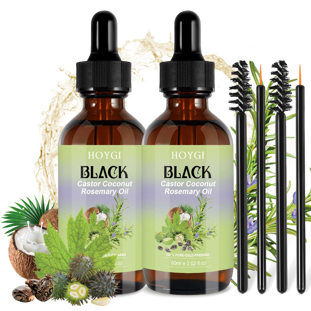 Two bottles of HOYGI Black Castor Coconut Rosemary Oil with droppers, brushes, and natural elements on a white background.