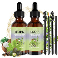 Thumbnail for Two bottles of HOYGI Black Castor Coconut Rosemary Oil with droppers, brushes, and natural elements on a white background.