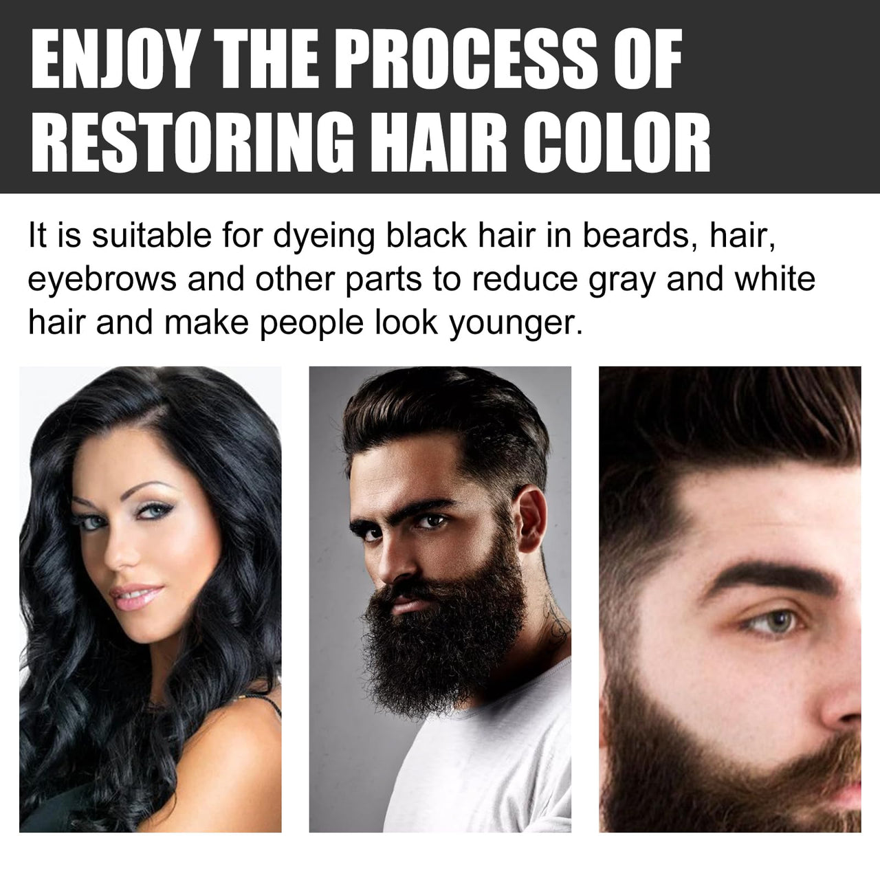 Advertisement for hair color restoration product with images of a woman and two men with beards.