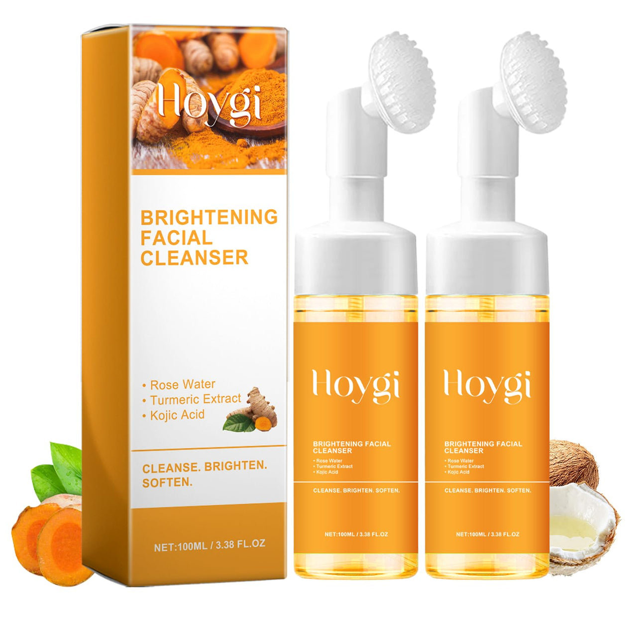 Hoygi brightening facial cleanser with packaging and ingredients on a white background