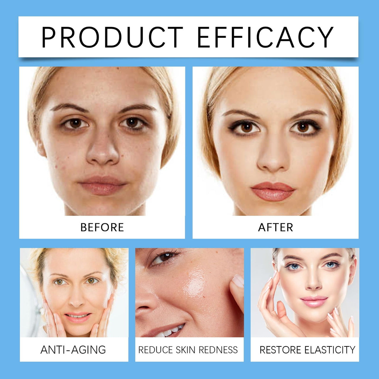 Before and after effects of a skincare product on a woman's face, with text indicating product efficacy for anti-aging, reducing skin redness, and restoring elasticity.