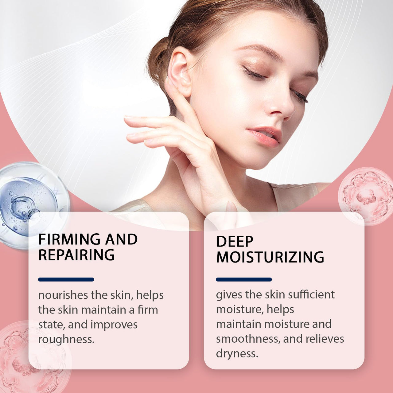 Woman touching her face with a skincare product and text about firming, repairing, and deep moisturizing.