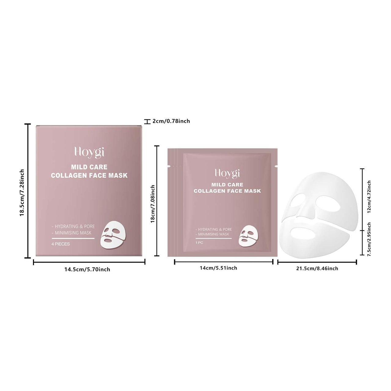 Hoygi Mild Care Collagen Face Mask packaging with dimensions on a white background