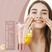 Thumbnail for Woman applying face cream with Hoygi Face Firming Cream packaging on a pink background