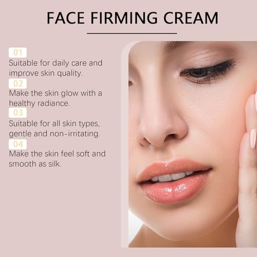 Advertisement for face firming cream with a close-up of a woman's face and text highlighting benefits.