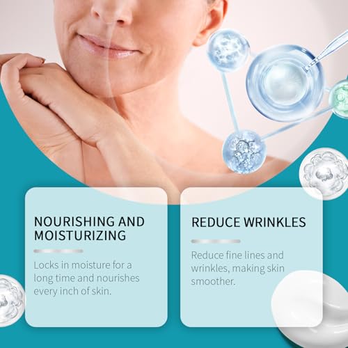 Advertisement for skincare product with a woman's face and text about nourishing, moisturizing, and reducing wrinkles.