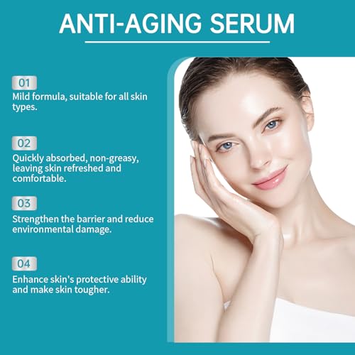 Advertisement for anti-aging serum with a woman's face and product benefits on a blue background