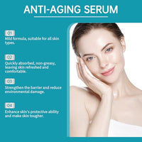 Thumbnail for Advertisement for anti-aging serum with a woman's face and product benefits on a blue background
