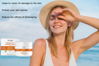 Thumbnail for Woman applying sunscreen with text about UV protection and photoaging, and Hoya Intensive UV Sunblock Cream packaging.