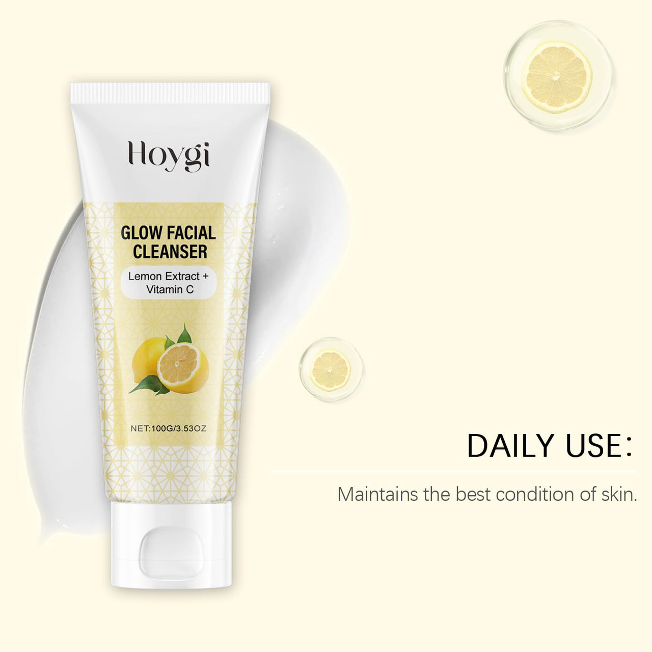 Hoygi Glow Facial Cleanser with lemon extract and vitamin C on a light beige background
