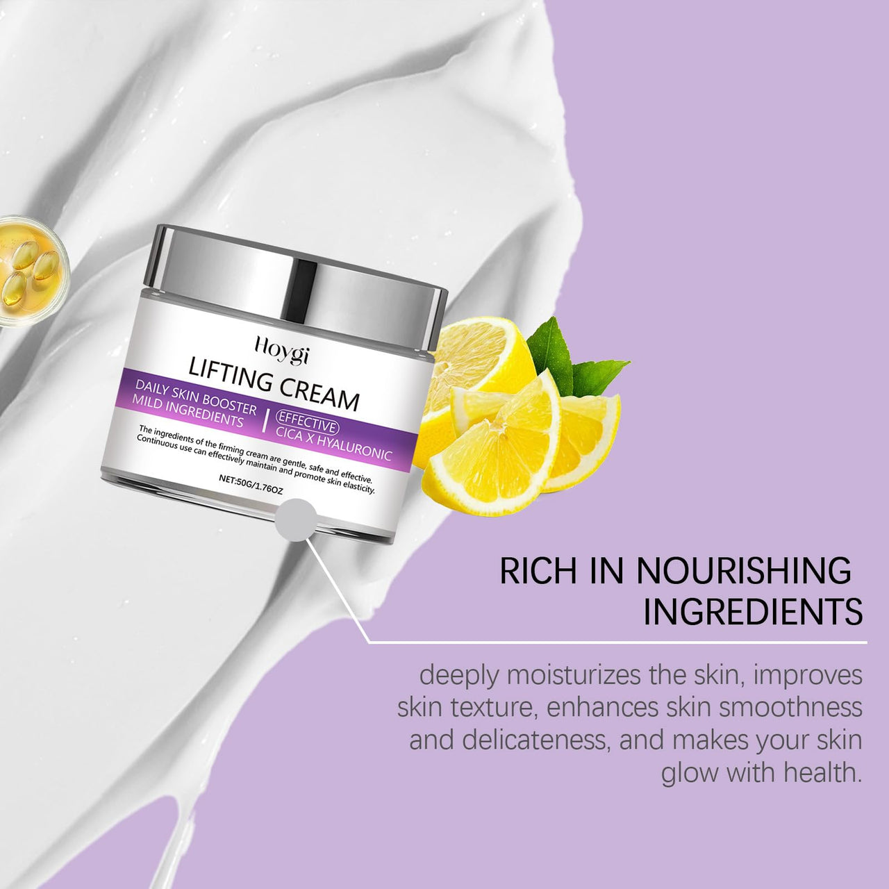Lifting cream jar with lemon slices on a light purple background