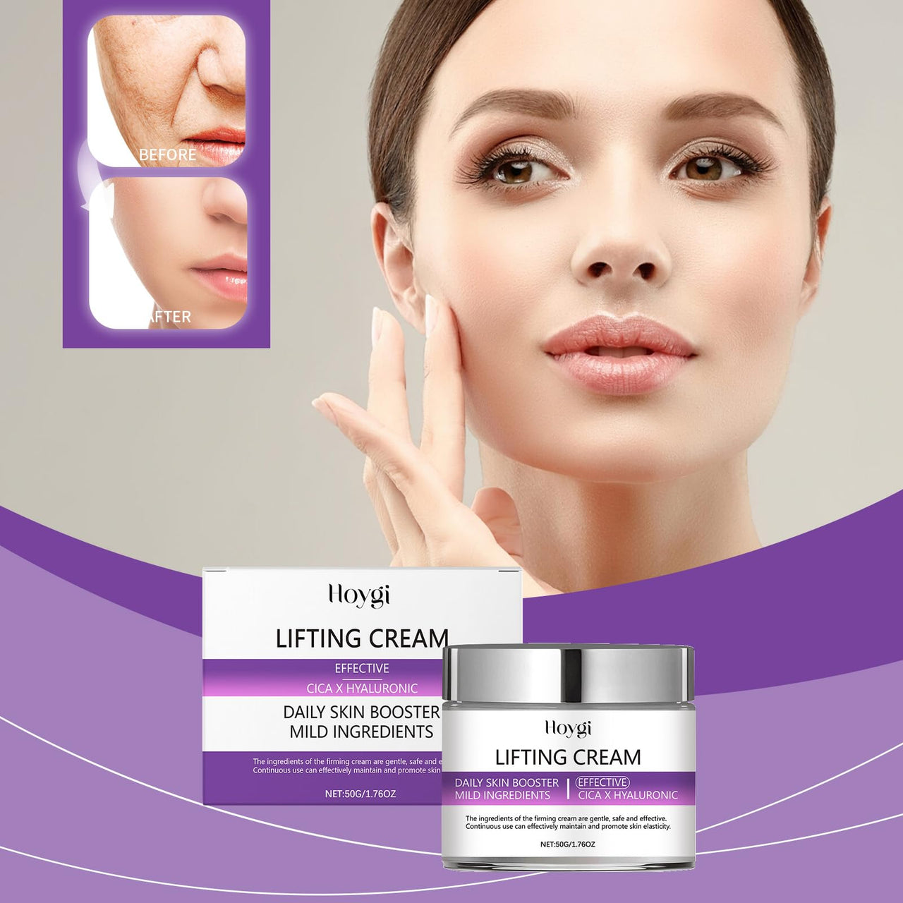 Advertisement for Hovgi Lifting Cream with a woman's face and product packaging.