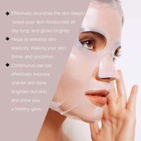 Thumbnail for Person wearing a mild collagen face mask with text about skincare benefits of the Hoygi mild collagen skin mask a light gray background. 