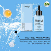 Thumbnail for Hoygi skincare serum bottle and packaging on a blue background with water droplets and aloe vera elements.