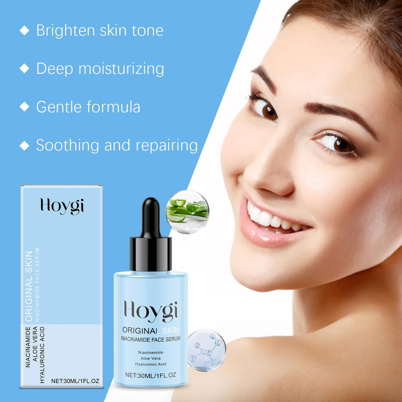 Hoygi skincare serum with packaging and a woman's face on a blue background