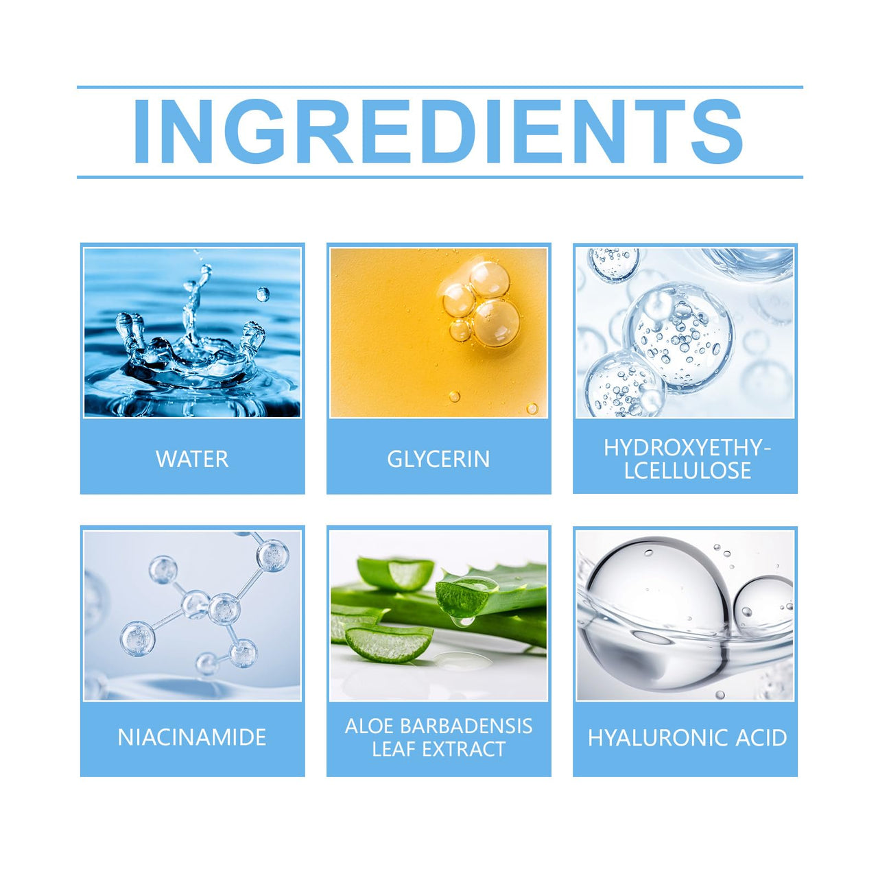 List of skincare ingredients with corresponding images and names on a white background.