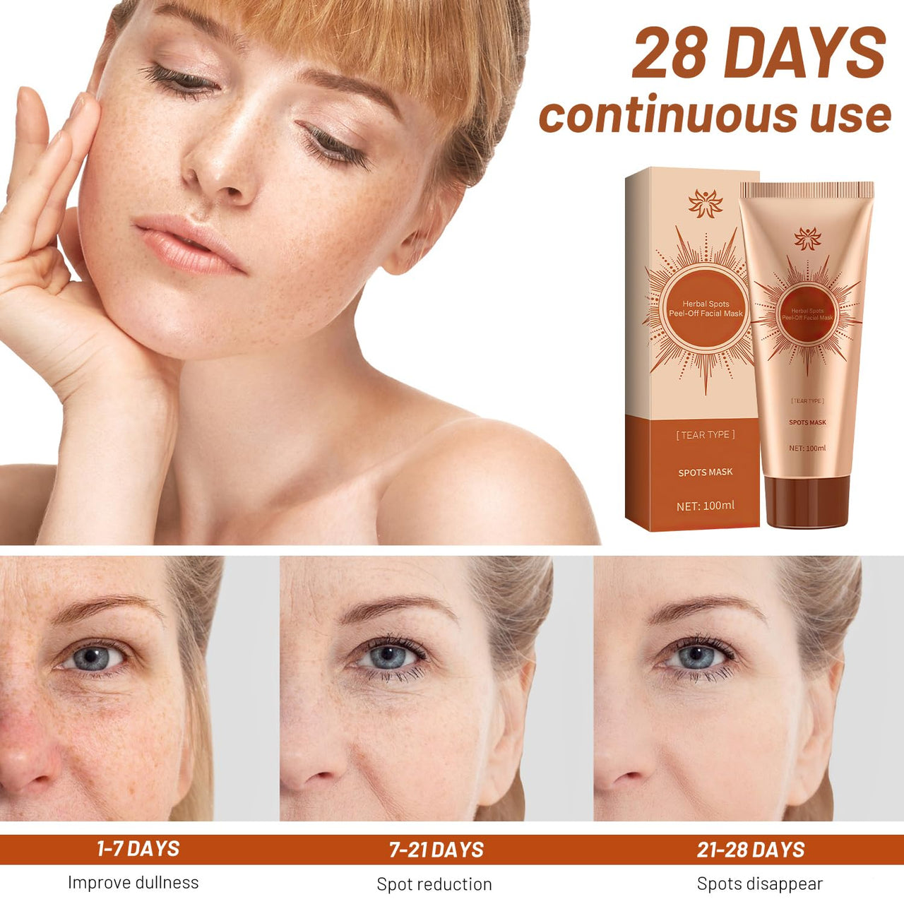 Cosmetic product packaging with a woman's face and before-and-after effects on a white background.