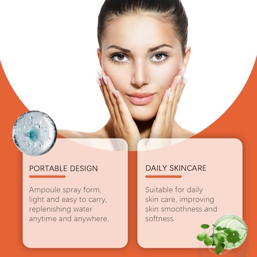 Woman applying skincare product with text about portable design and daily skincare benefits on an orange and white background.