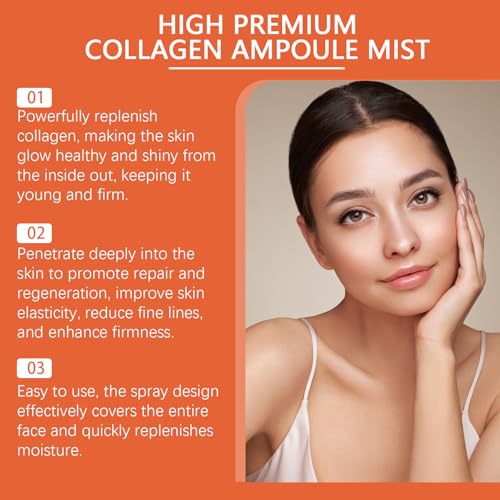 Advertisement for high premium collagen ampoule mist with a woman's face on an orange background