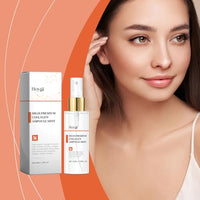 Thumbnail for Woman holding her hair with Hoygi high premium collagen ampoule mist and packaging on an orange background