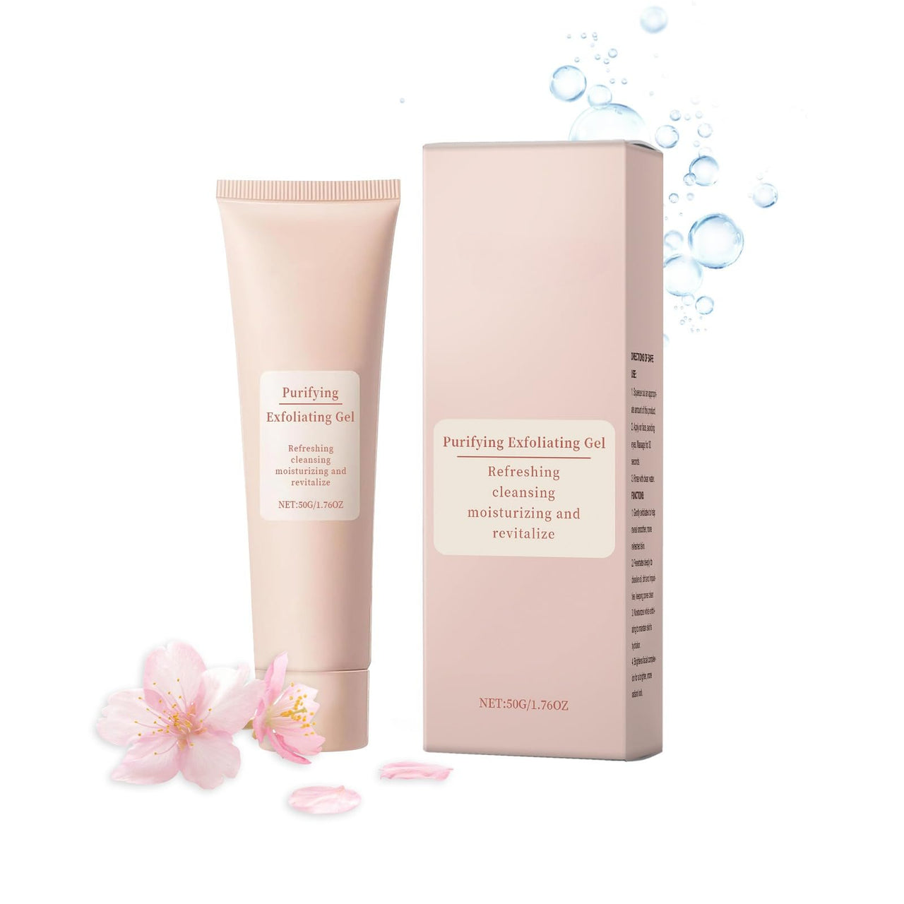 Purifying Exfoliating Gel tube and packaging with cherry blossoms on a white background
