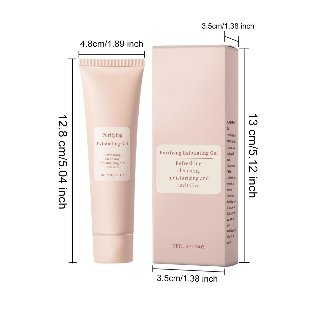 Measurement chart of a tube and box labeled 'Purifying Exfoliating Gel' on a white background.
