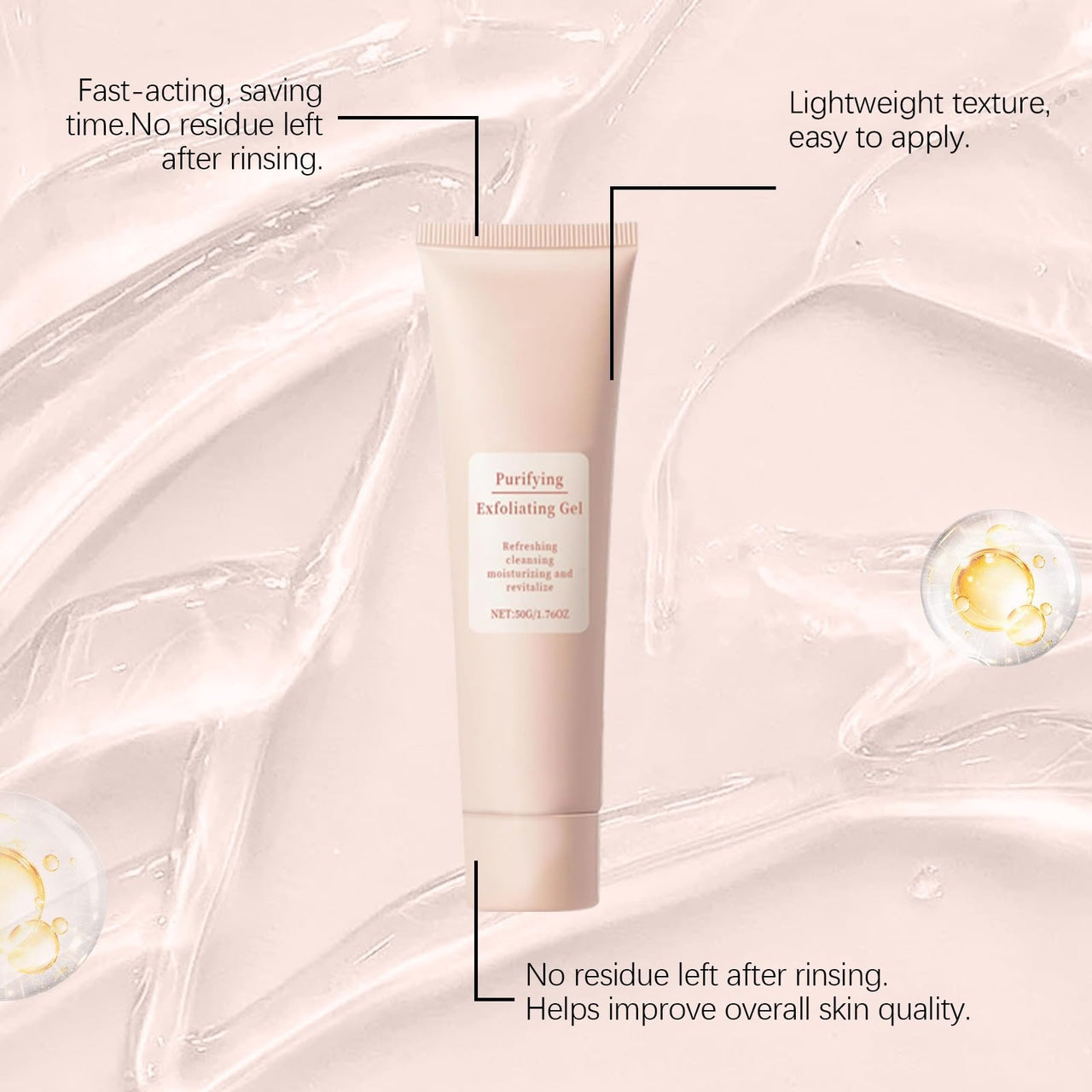 Skincare product with text highlighting its benefits on a soft pink background